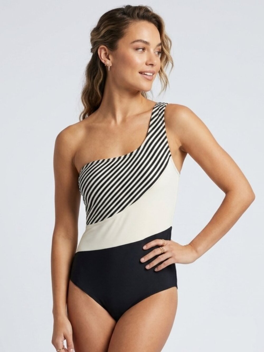 Kona Sol One-Piece Swimsuit Black & White Striped One-Shoulder Coastal Resort L